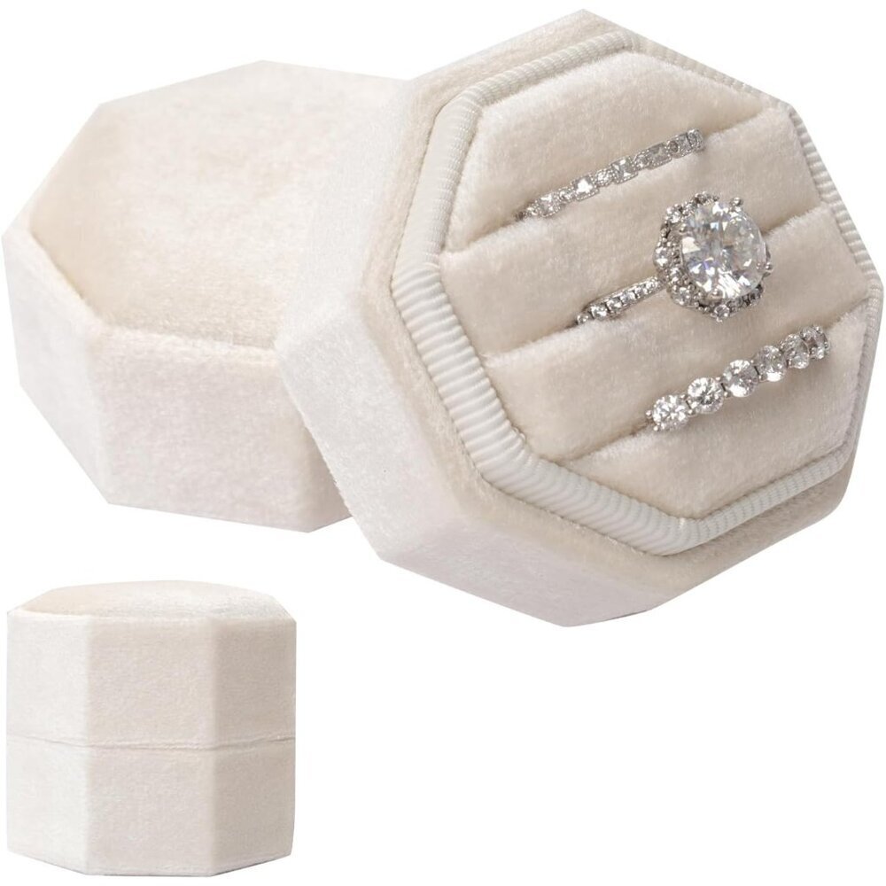Vintage Velvet Octagon Ring Box 3 Slots Jewelry Display Holder Engagement Gift